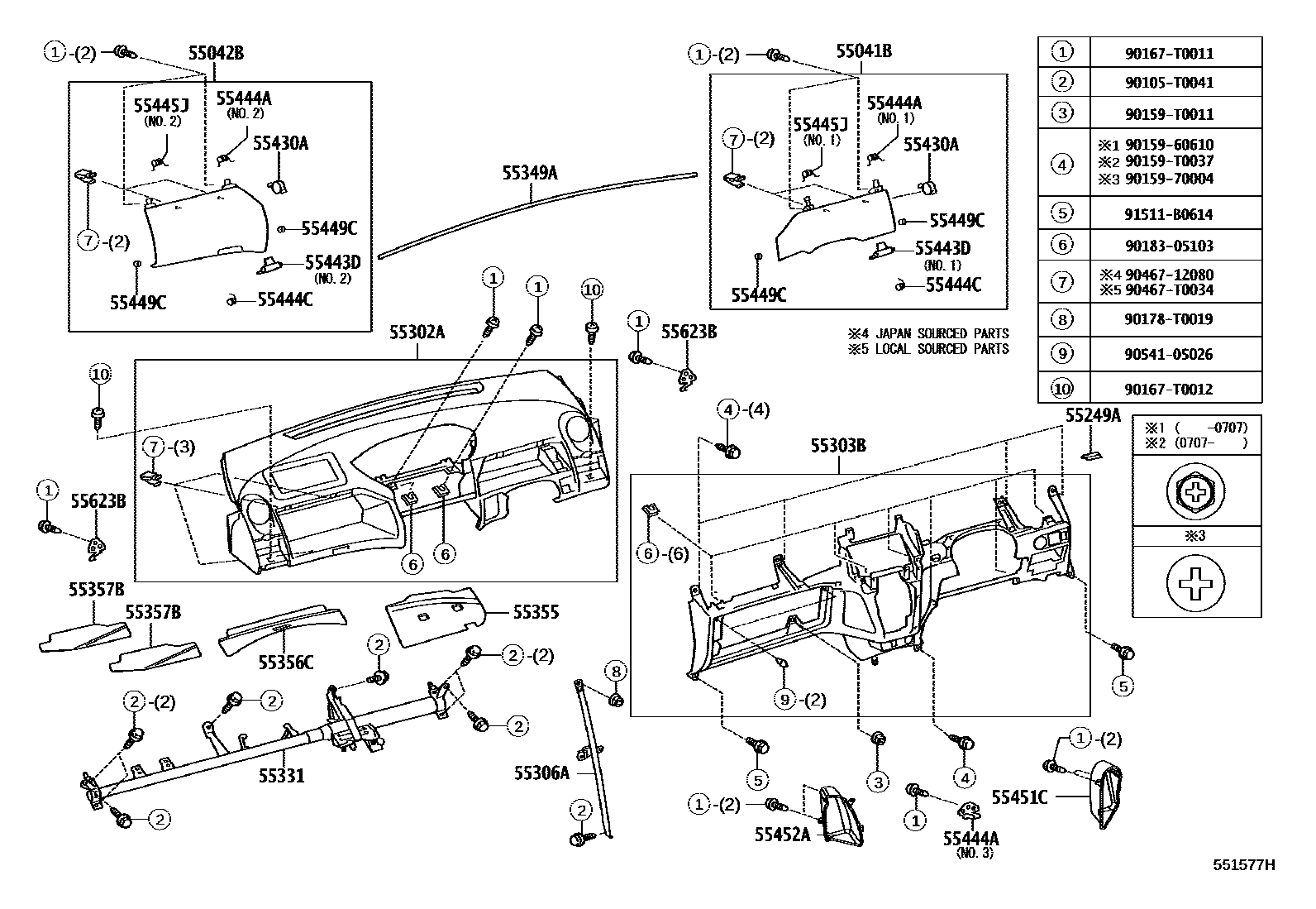 Toyota YARIS 仪表板和手套箱 EPC diagram — 551577H