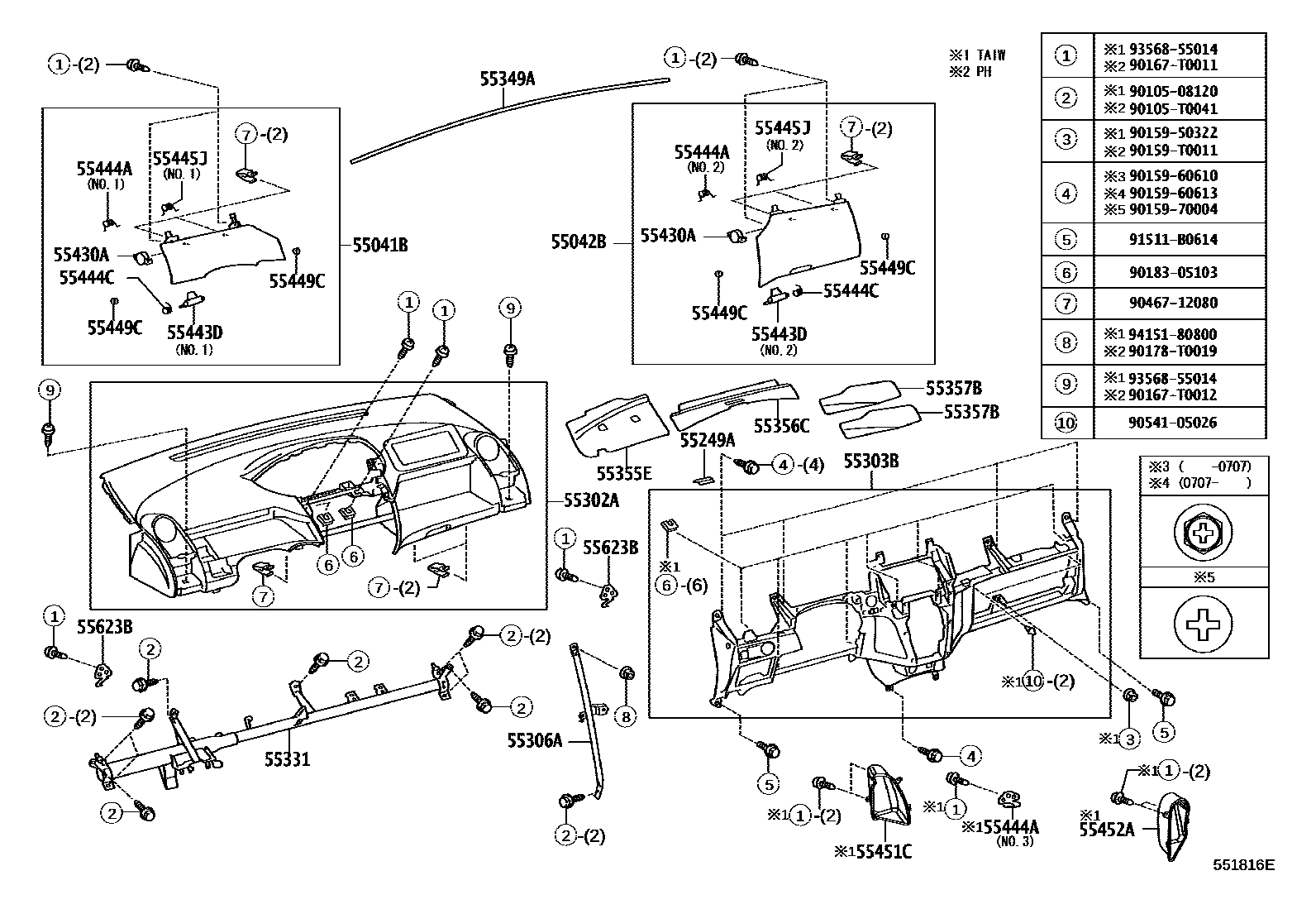 Toyota YARIS 仪表板和手套箱 EPC diagram — 551816E
