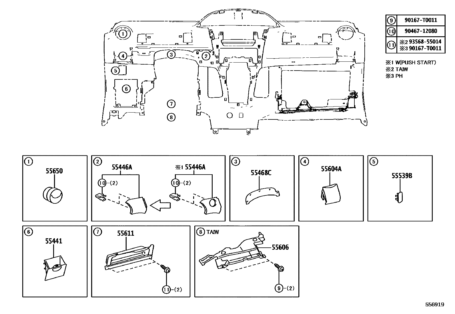 Toyota YARIS 仪表板和手套箱 EPC diagram — 556919