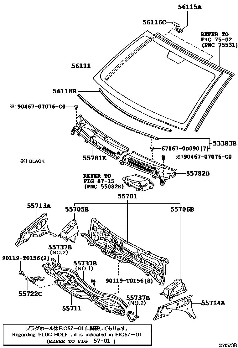 Toyota YARIS 前围板和挡风玻璃 EPC diagram — 551573B