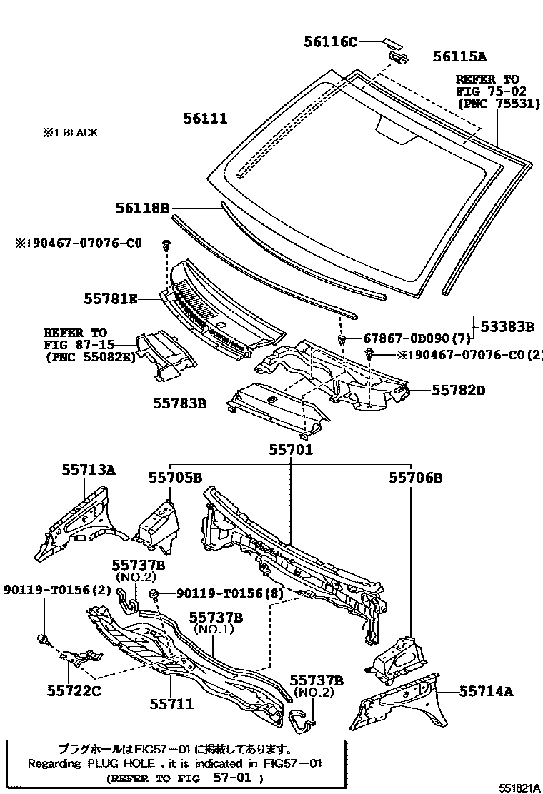 Toyota YARIS 前围板和挡风玻璃 EPC diagram — 551821A