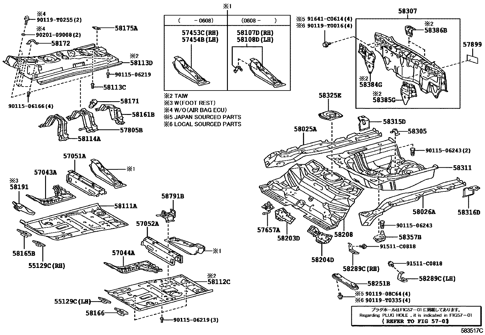Toyota YARIS 浅盘形地板和车身下背板 EPC diagram — 583517C