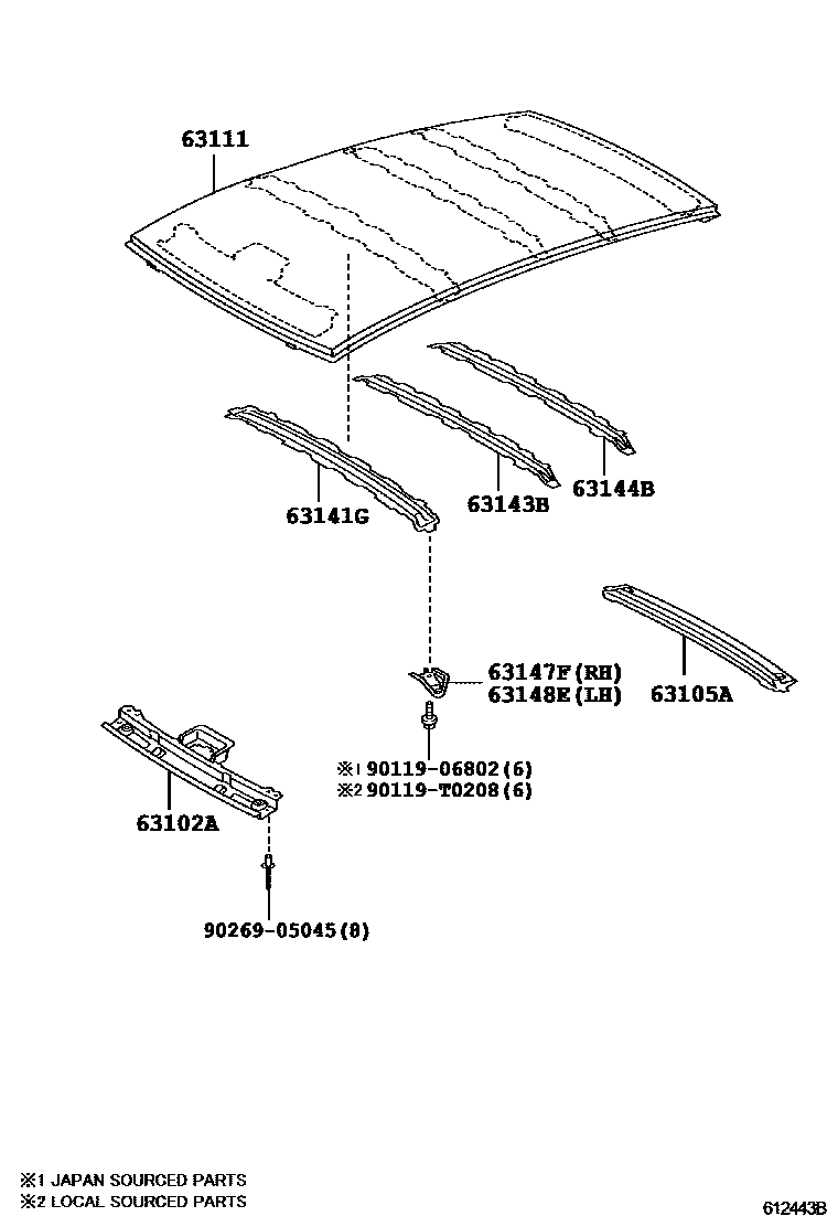 Toyota YARIS 天窗板和背窗玻璃 EPC diagram — 612443B