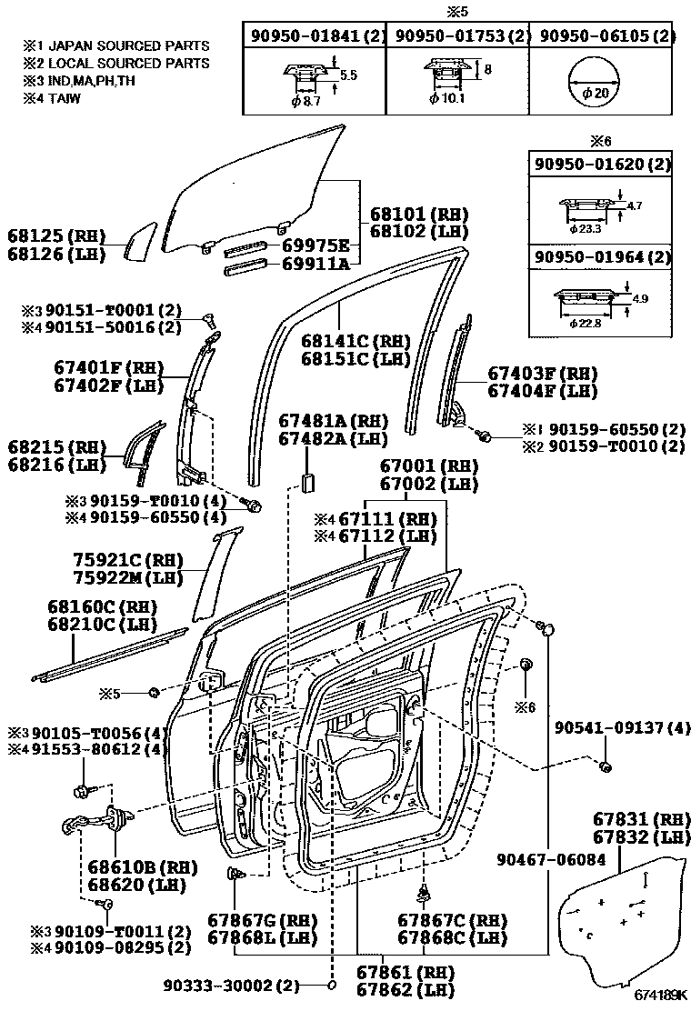 Toyota YARIS 前门板和前门玻璃 EPC diagram — 674189K