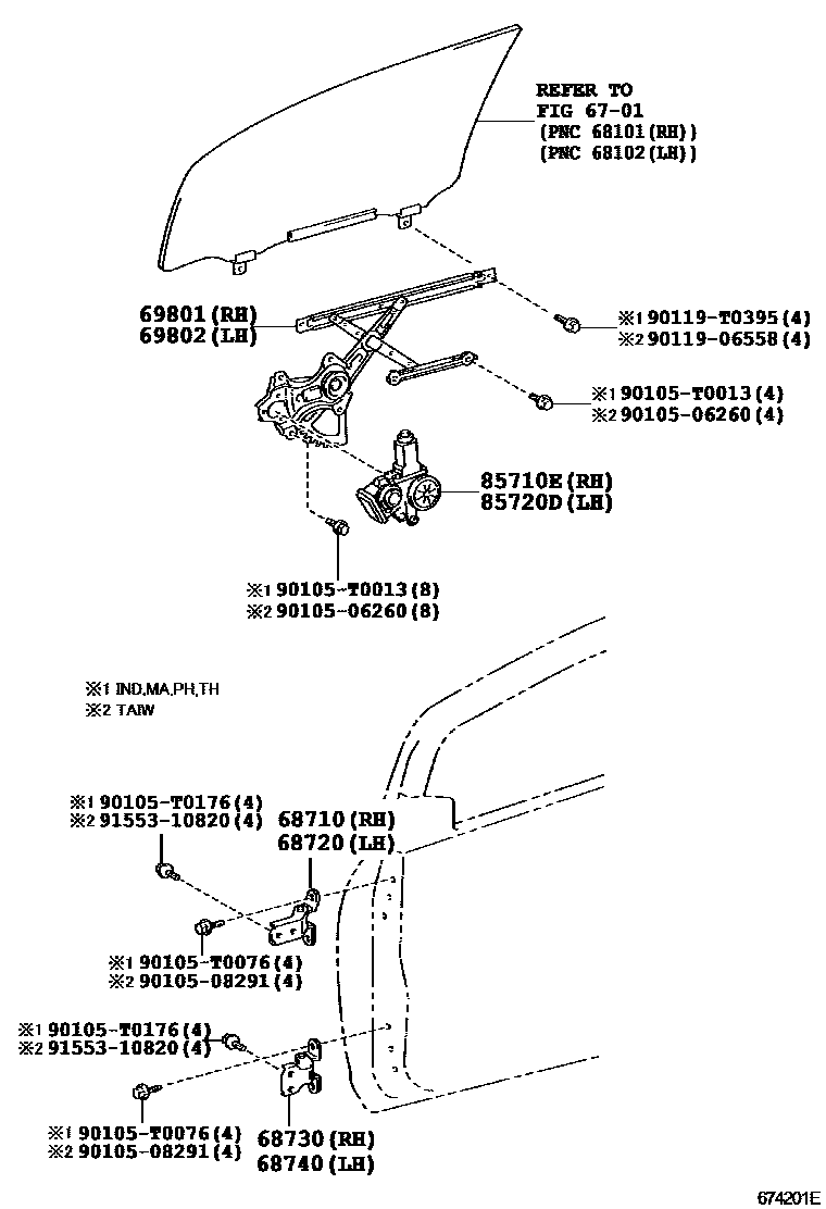 Toyota YARIS 前门车窗升降器和合页 EPC diagram — 674201E