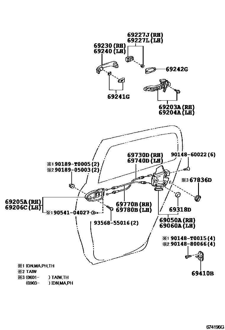 Toyota YARIS 后门锁和后门把手 EPC diagram — 674196G