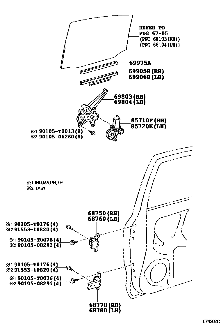 Toyota YARIS 后门车窗升降器和合页 EPC diagram — 674202C