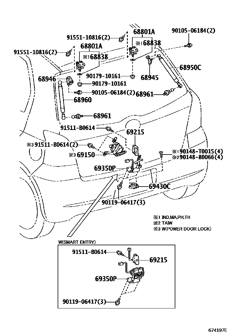 Toyota YARIS 背门锁和背门把手 EPC diagram — 674197E