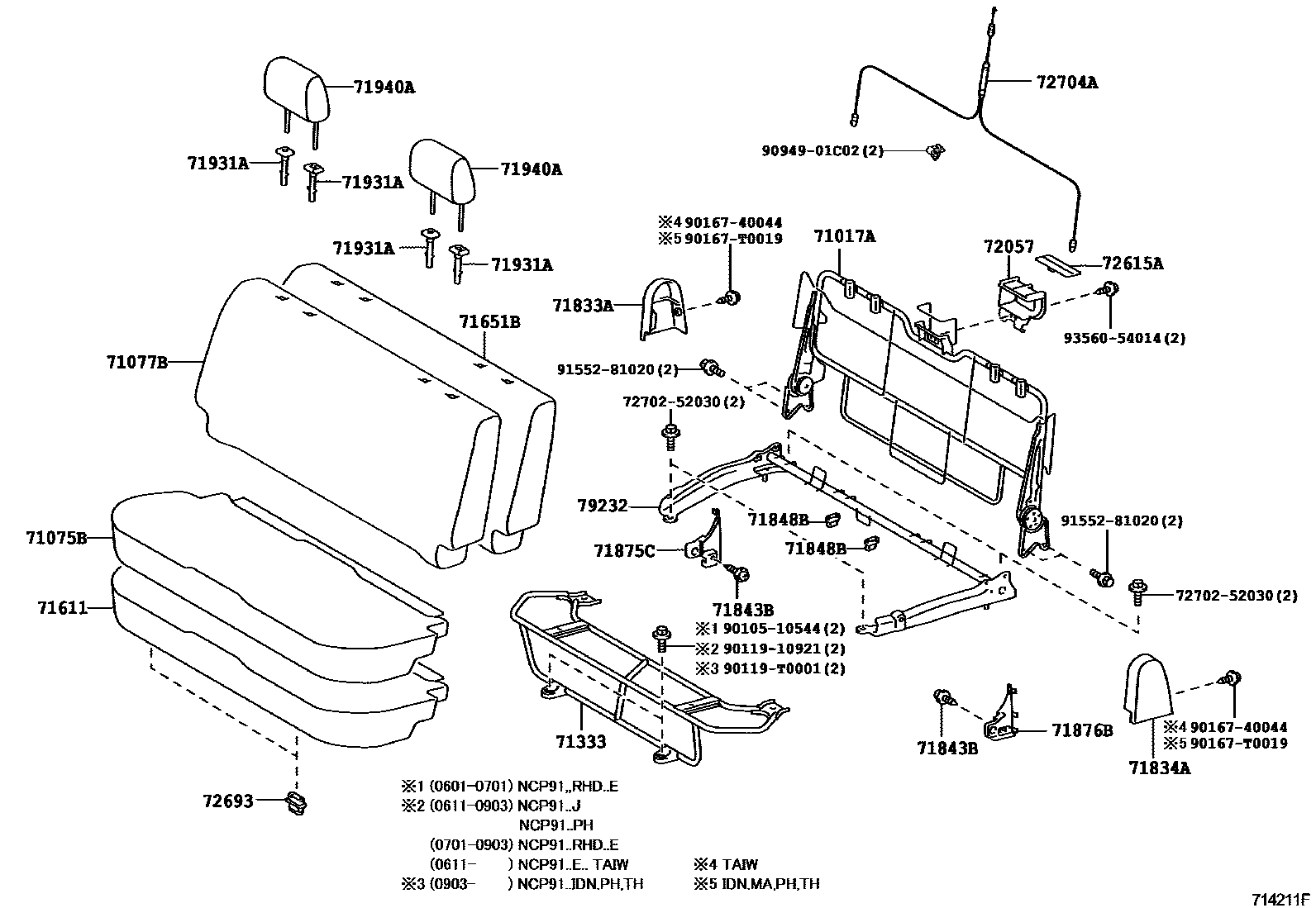Toyota YARIS 后排座椅和座椅滑轨 EPC diagram — 714211F