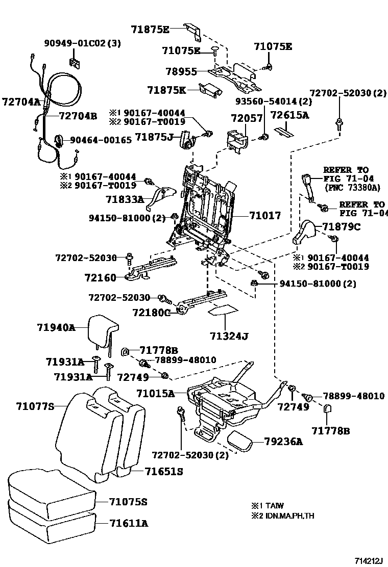 Toyota YARIS 后排座椅和座椅滑轨 EPC diagram — 714212J