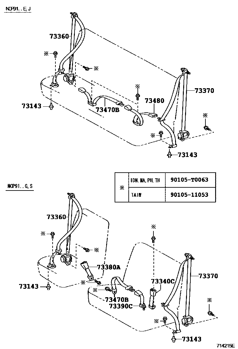 Toyota YARIS 安全带和儿童保护座椅 EPC diagram — 714215E