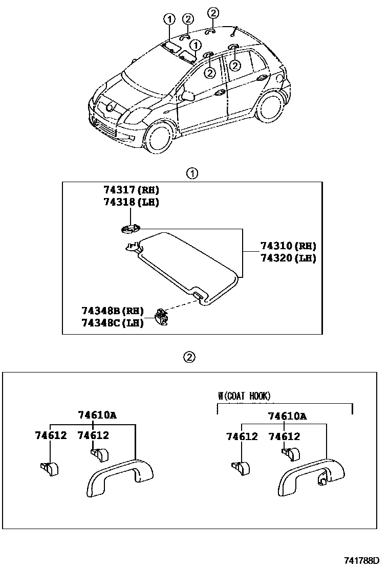 Toyota YARIS 扶手和遮阳板 EPC diagram — 741788D