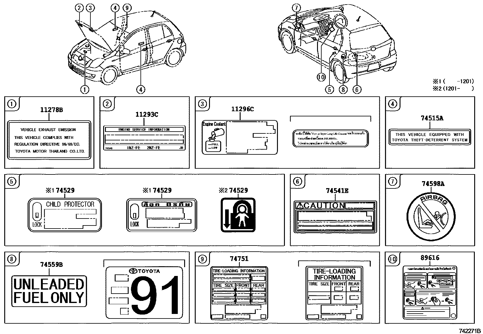 Toyota YARIS 警示铭牌(车外和车内) EPC diagram — 742271B