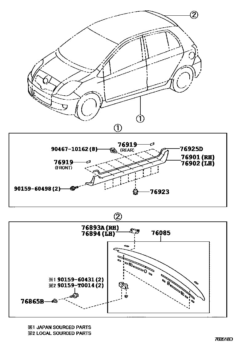 Toyota YARIS 挡泥板和扰流板 EPC diagram — 760518D