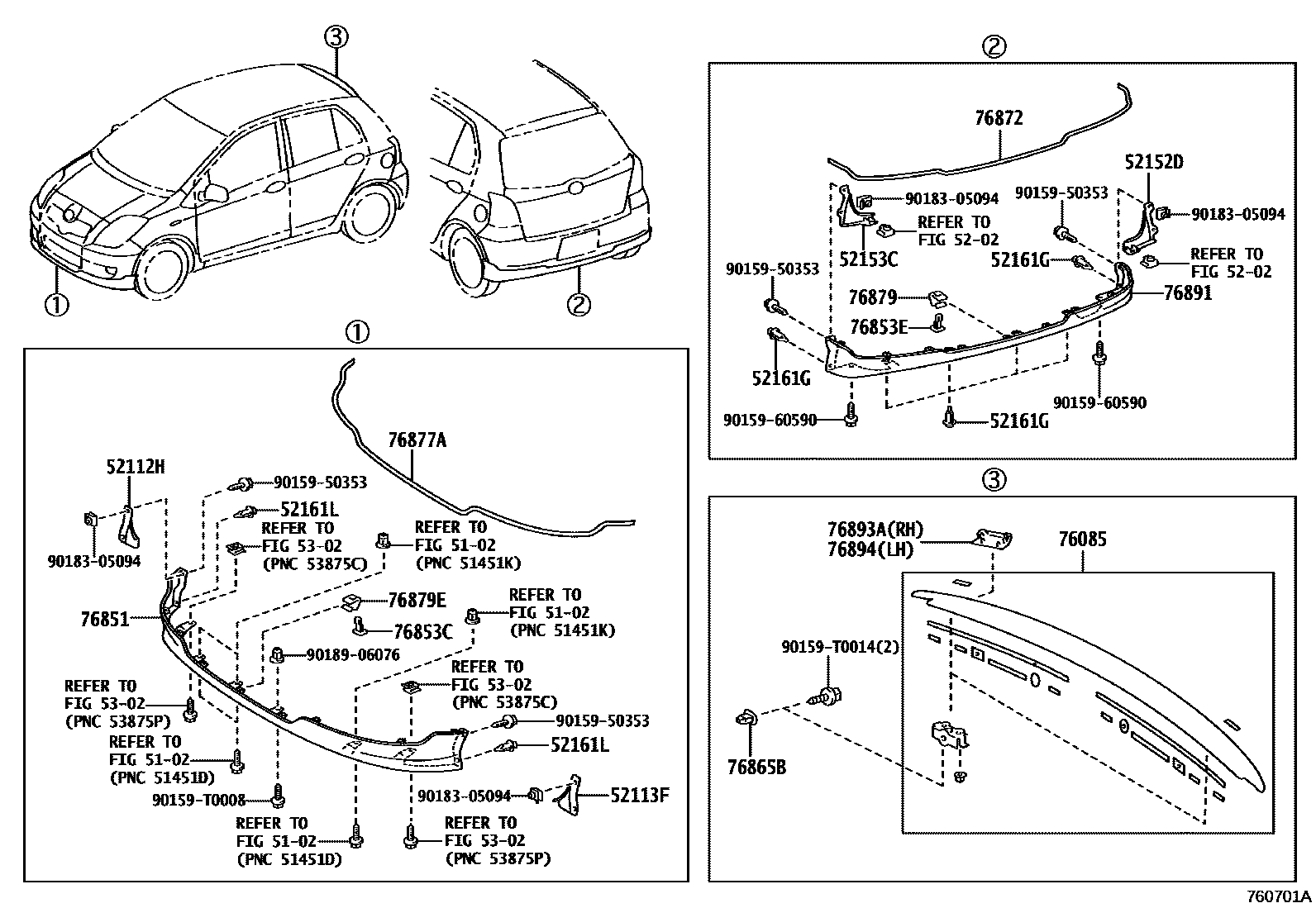 Toyota YARIS 挡泥板和扰流板 EPC diagram — 760701A