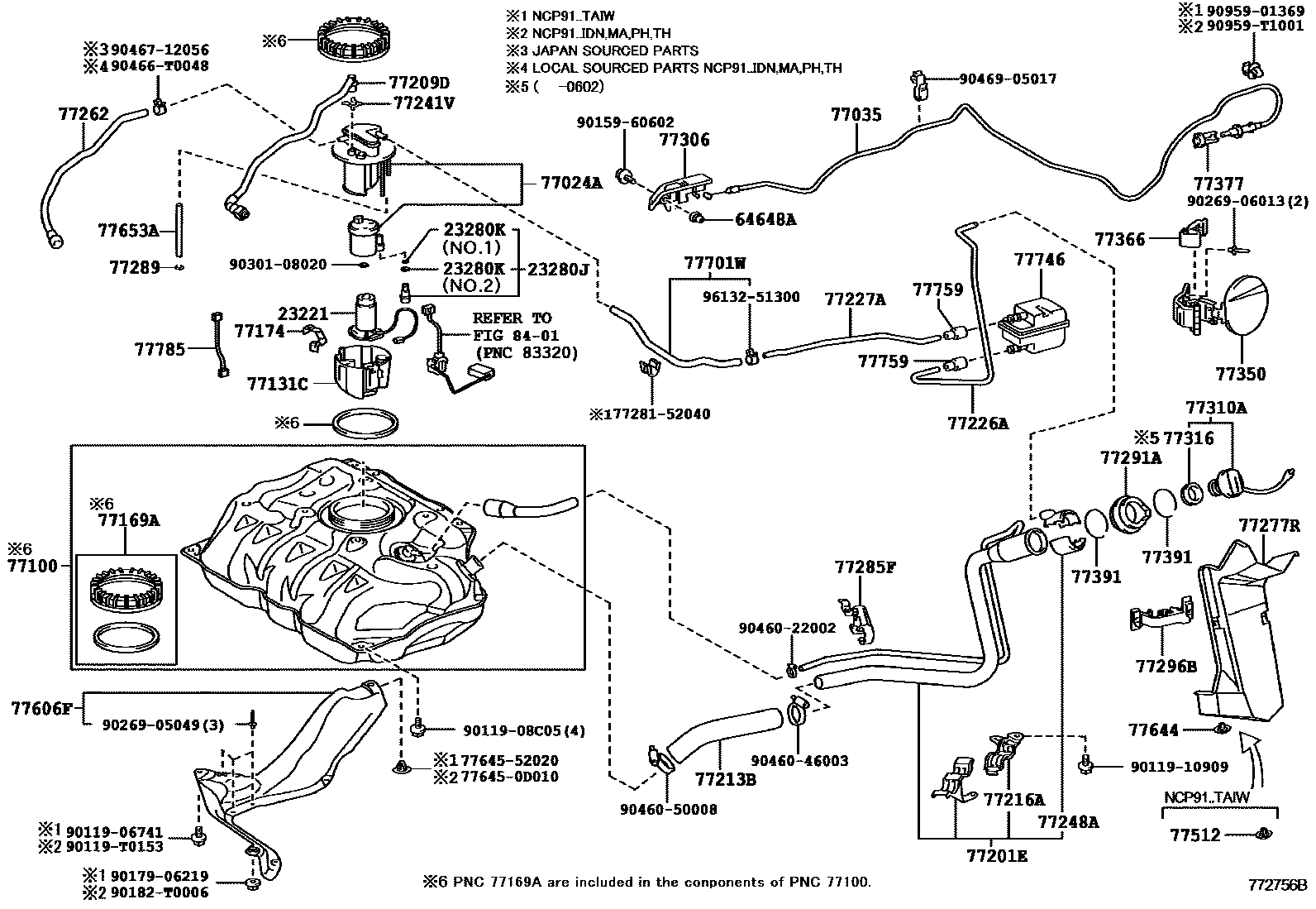 Toyota YARIS 燃油箱和燃油管 EPC diagram — 772756B