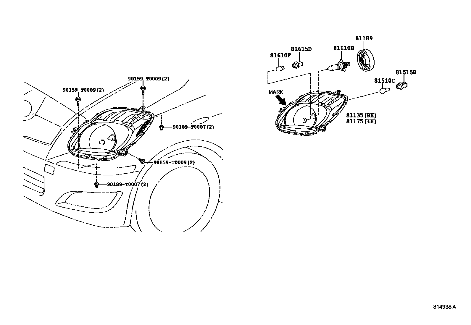 Toyota YARIS Headlamp EPC diagram — 814938A