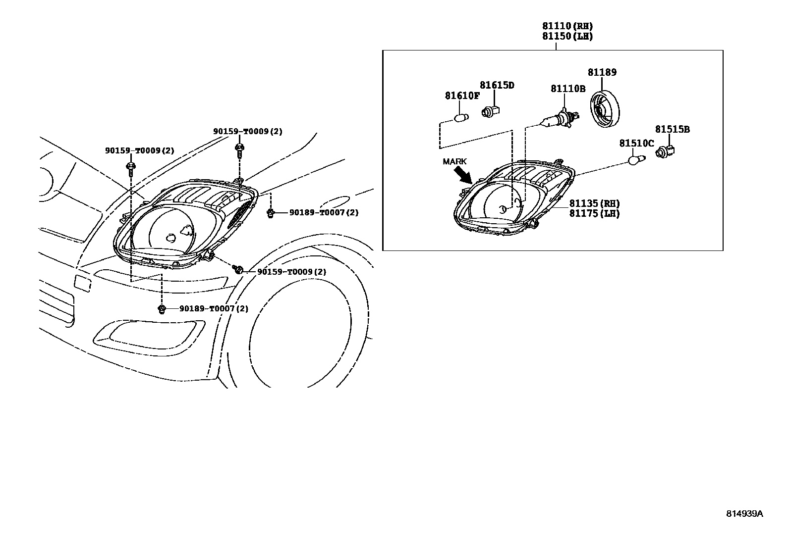 Toyota YARIS Headlamp EPC diagram — 814939A