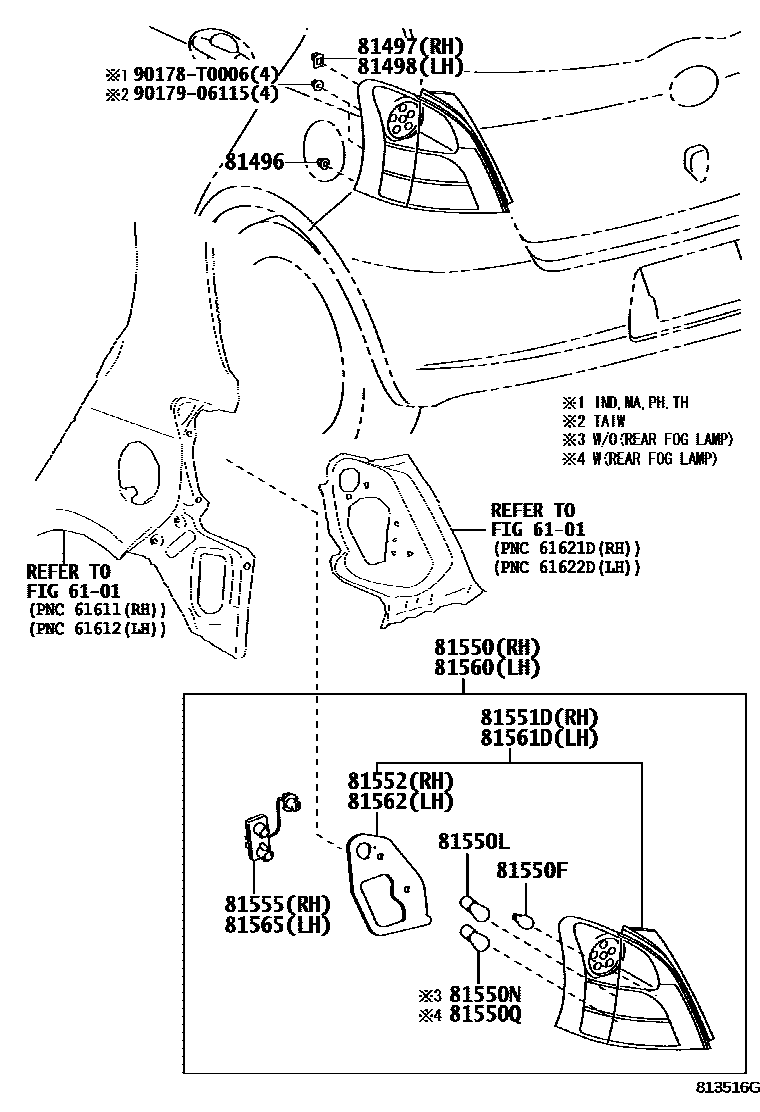 Toyota YARIS 后组合灯 EPC diagram — 813516G