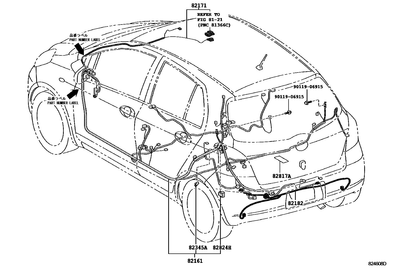 Toyota YARIS 线束和卡夹 EPC diagram — 824608D