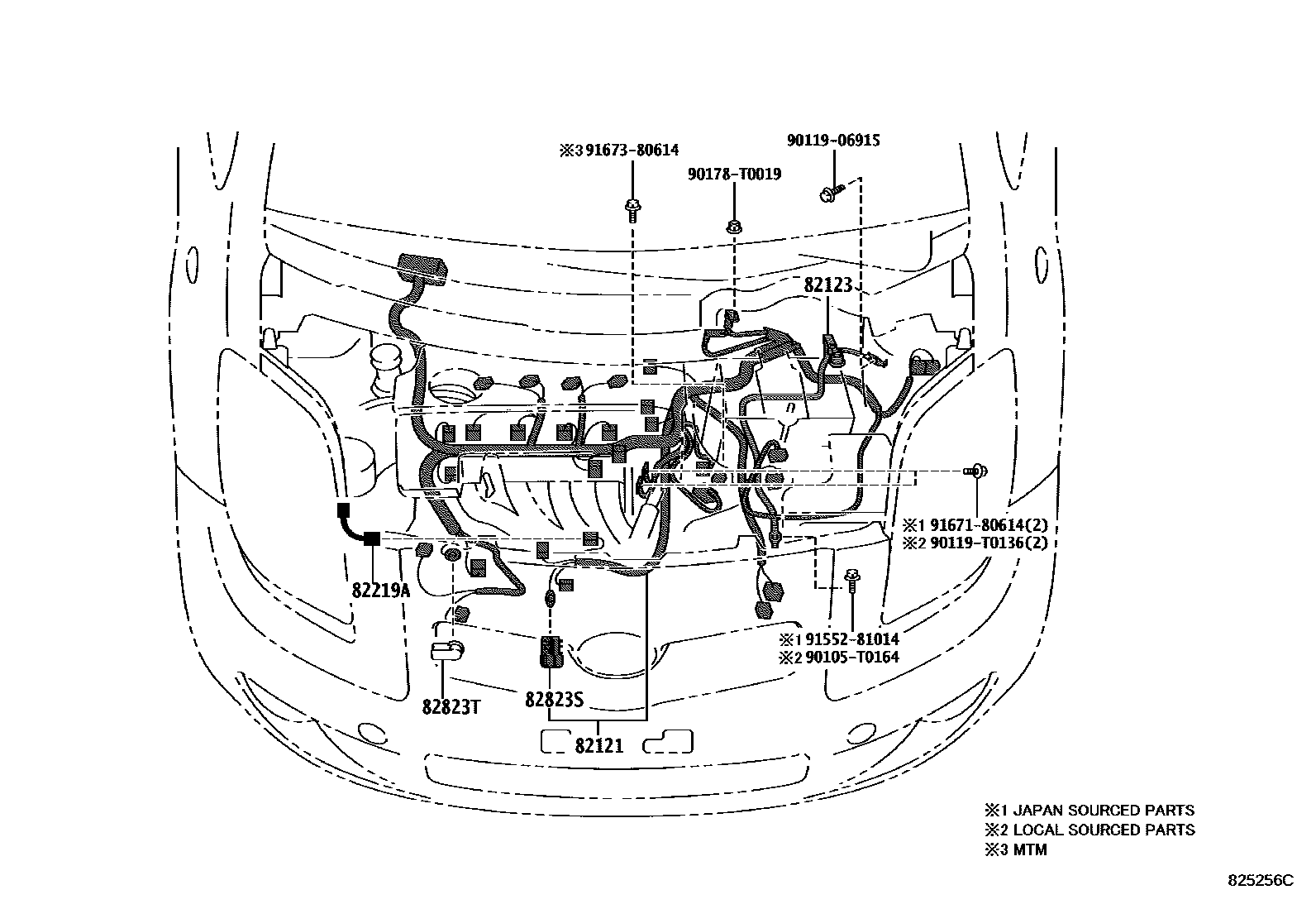 Toyota YARIS 线束和卡夹 EPC diagram — 825256C