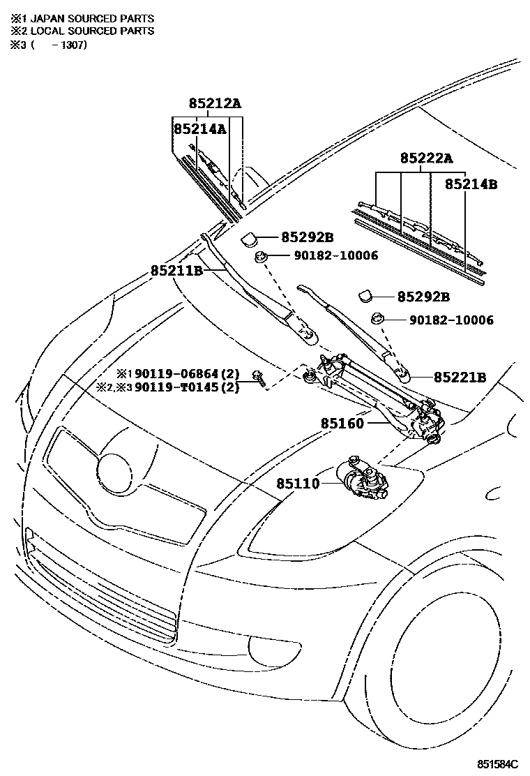 Toyota YARIS 挡风玻璃刮水器 EPC diagram — 851584C