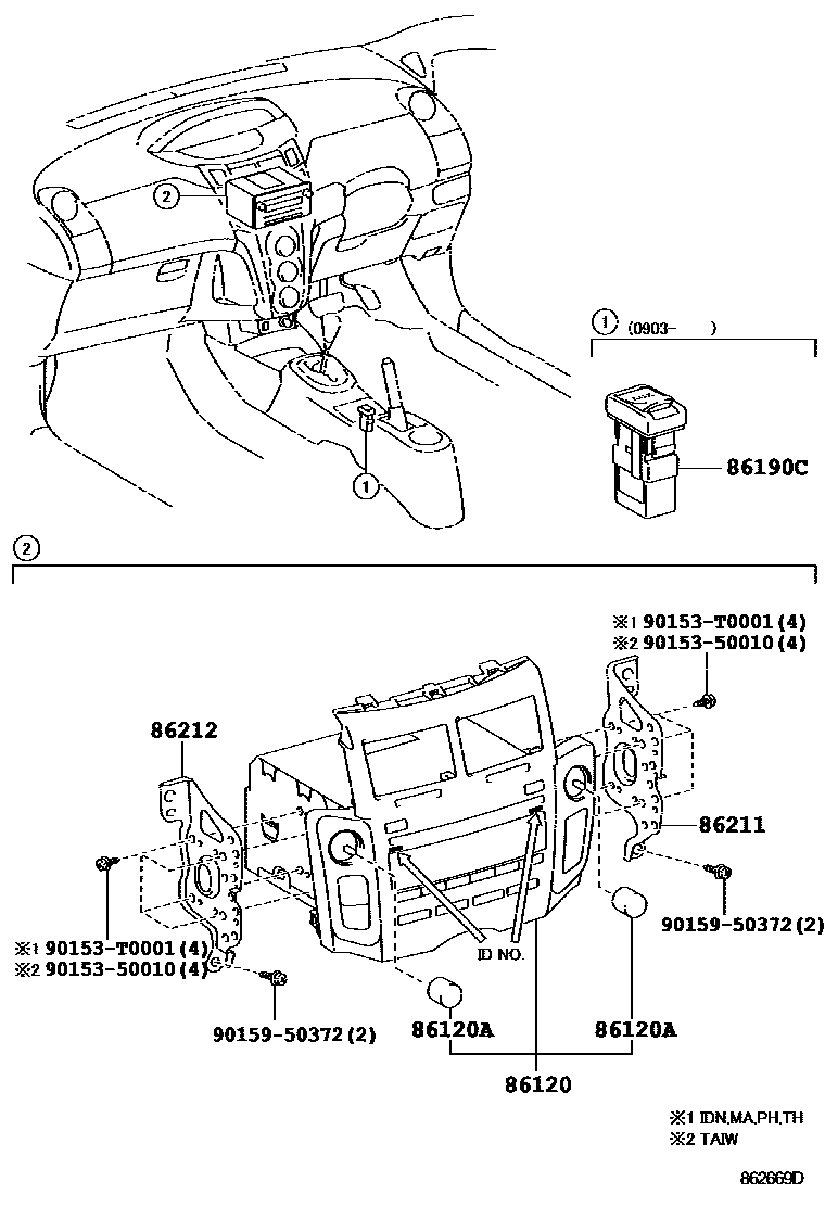Toyota YARIS 收音机、放大器和冷凝器 EPC diagram — 862669D
