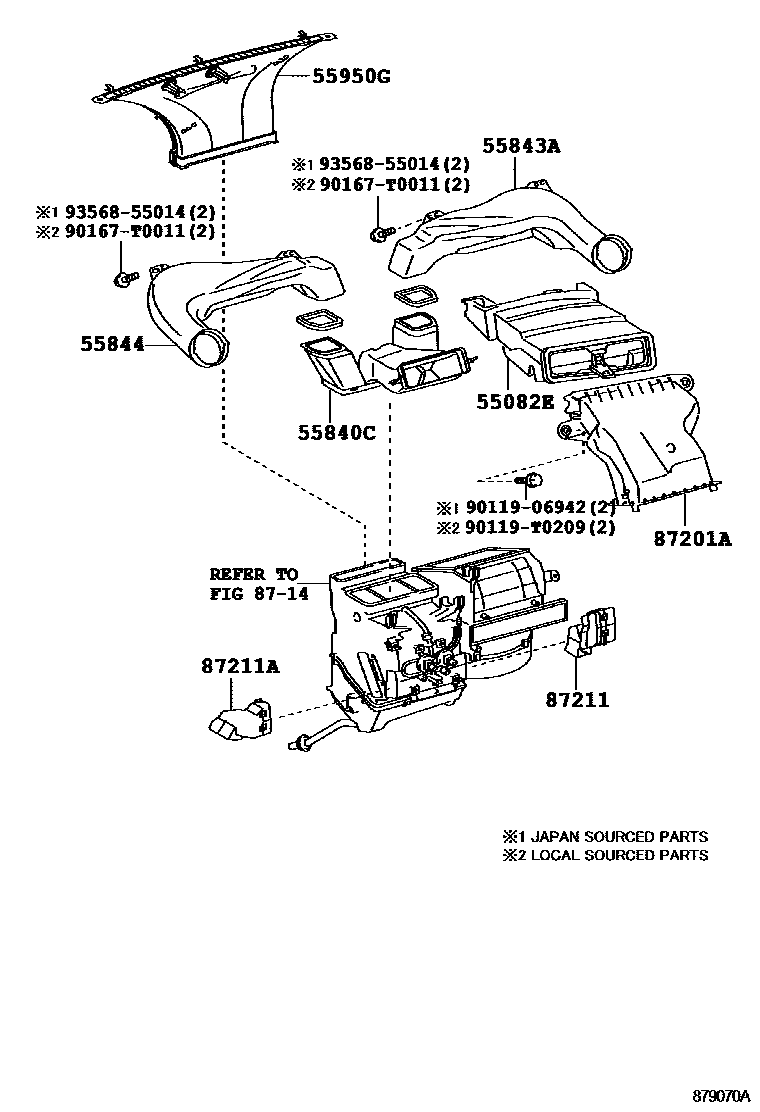 Toyota YARIS 暖风和空调系统 - 控制器和风管 EPC diagram — 879070A