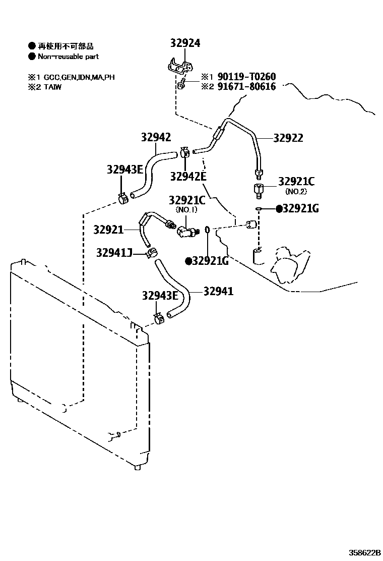 Toyota YARIS 变速器油冷却器和配管(ATM) EPC diagram — 358622B