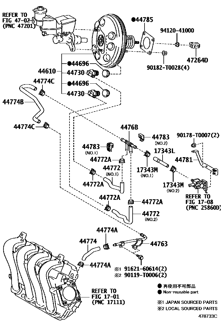 Toyota YARIS 制动助力器和真空管 EPC diagram — 478733C