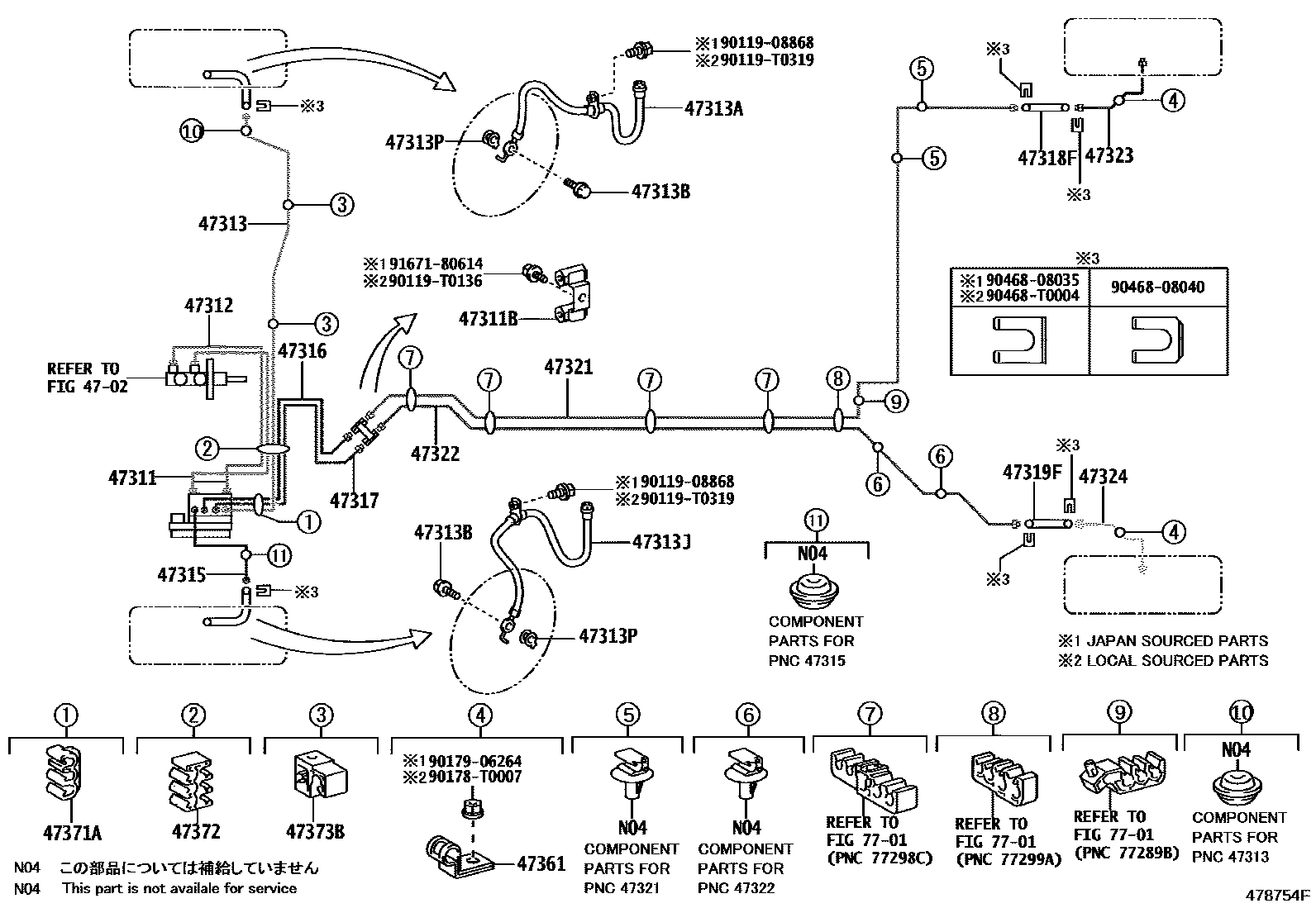 Toyota YARIS 制动配管和卡箍 EPC diagram — 478754F