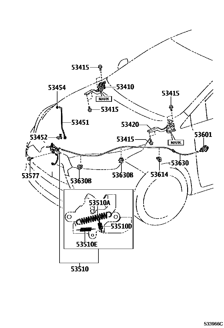 Toyota YARIS 发动机盖锁和铰链 EPC diagram — 533966C