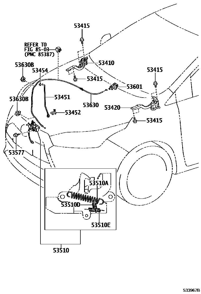 Toyota YARIS 发动机盖锁和铰链 EPC diagram — 533967B