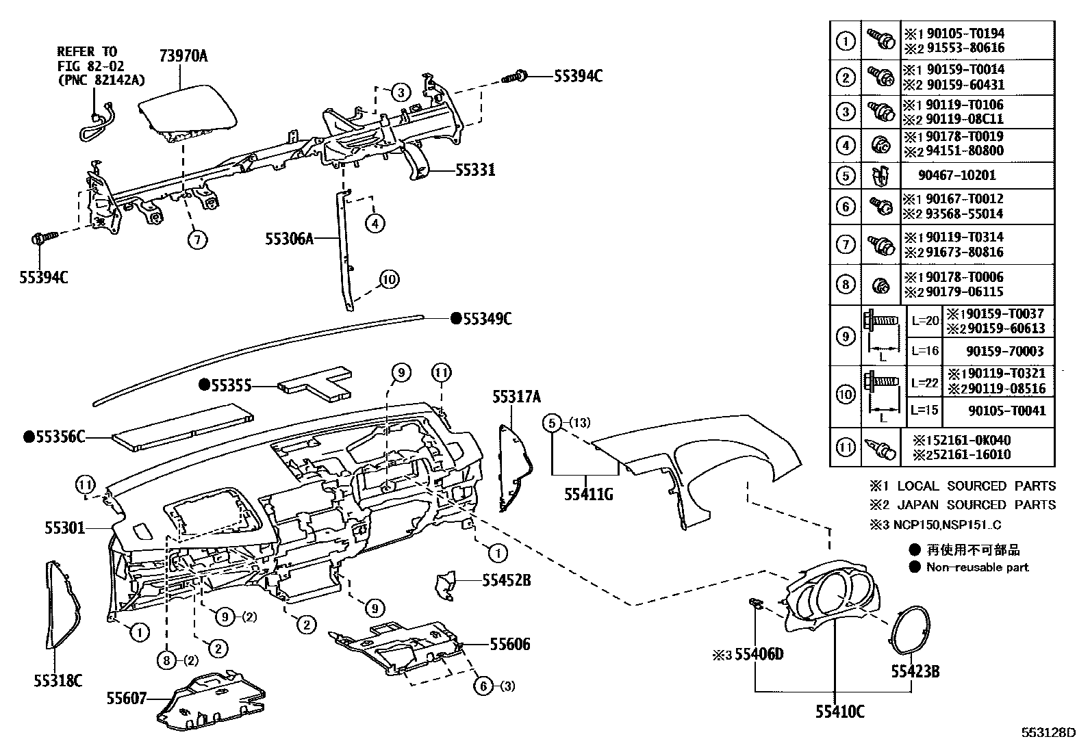 Toyota YARIS 仪表板和手套箱 EPC diagram — 553128D