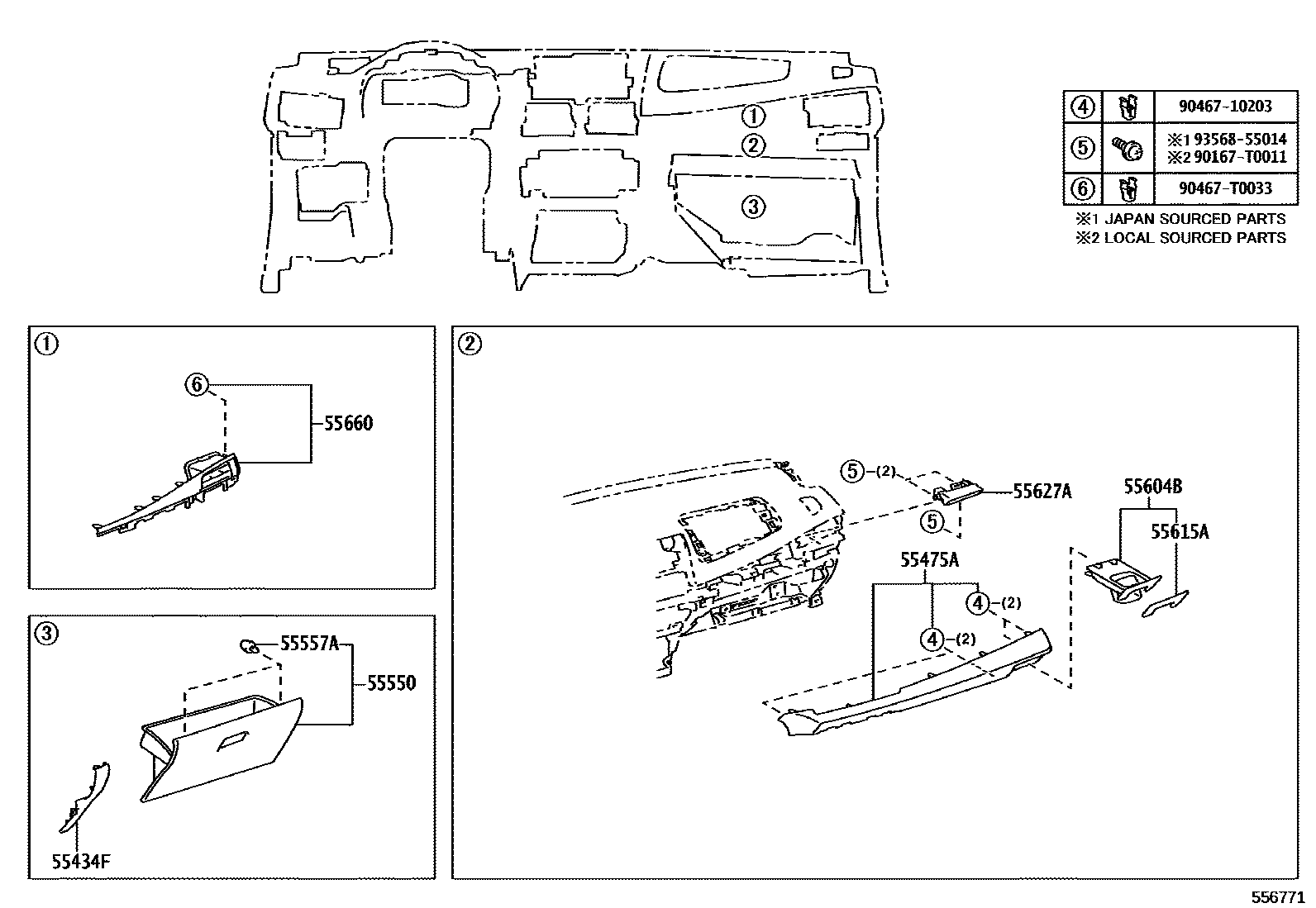 Toyota YARIS 仪表板和手套箱 EPC diagram — 556771