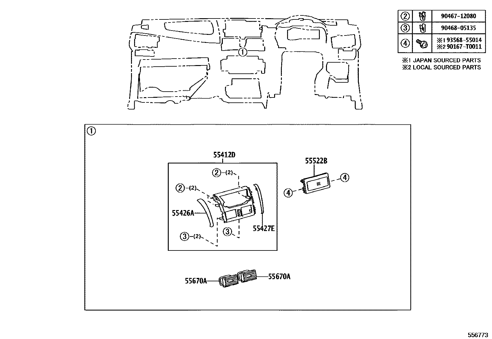 Toyota YARIS 仪表板和手套箱 EPC diagram — 556773