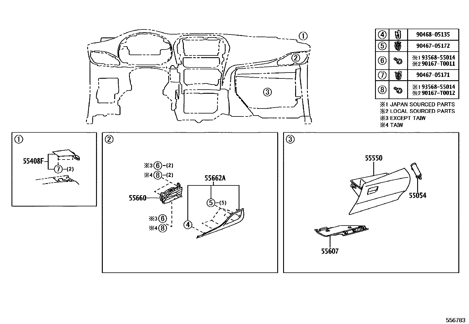 Toyota YARIS 仪表板和手套箱 EPC diagram — 556783