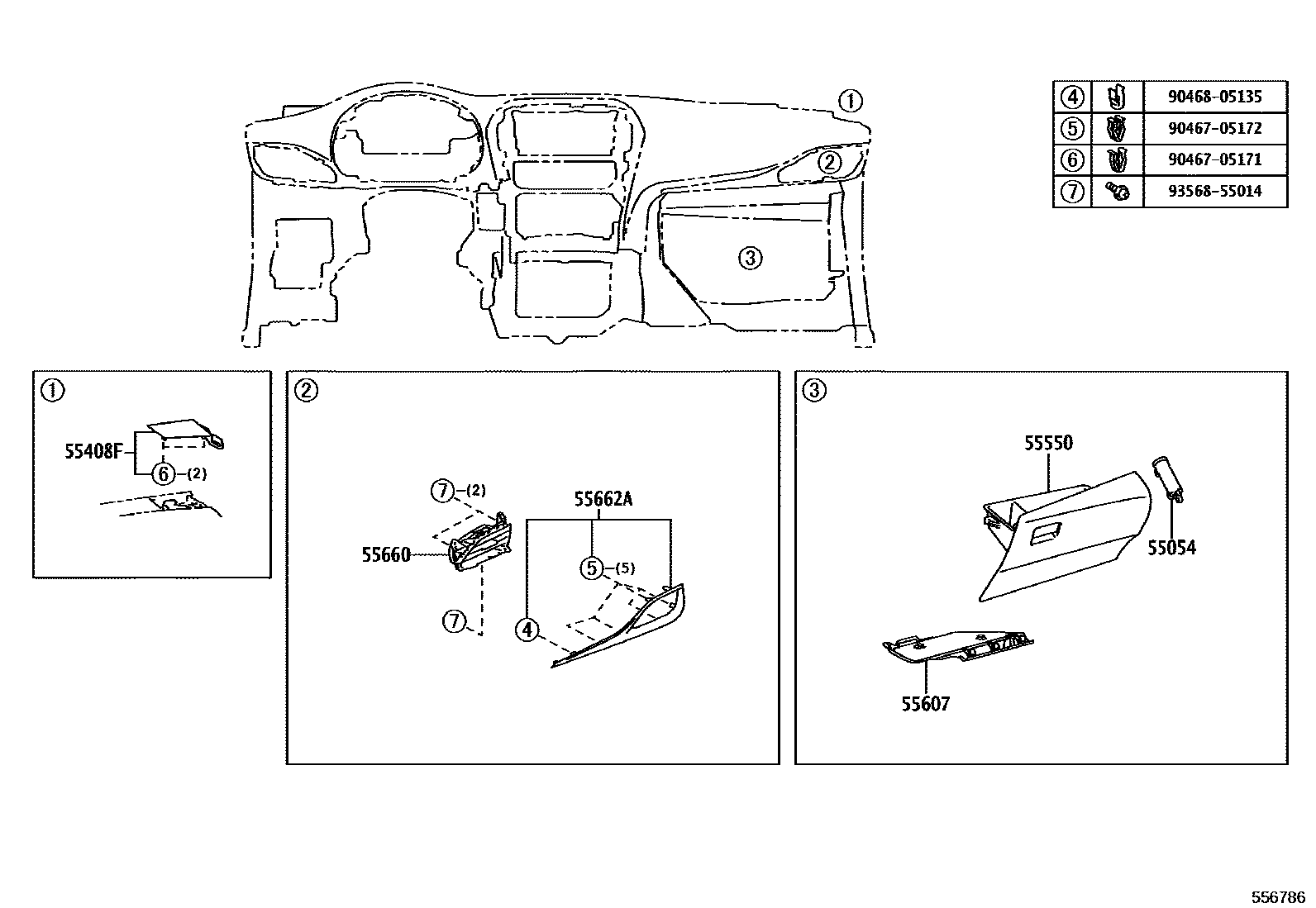 Toyota YARIS 仪表板和手套箱 EPC diagram — 556786