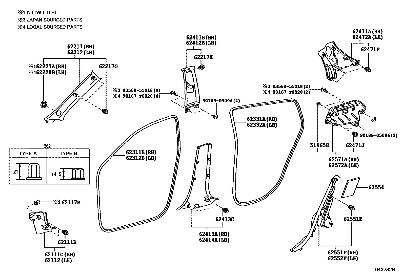 Toyota YARIS 内饰板和车门防水胶条 EPC diagram — 643282B
