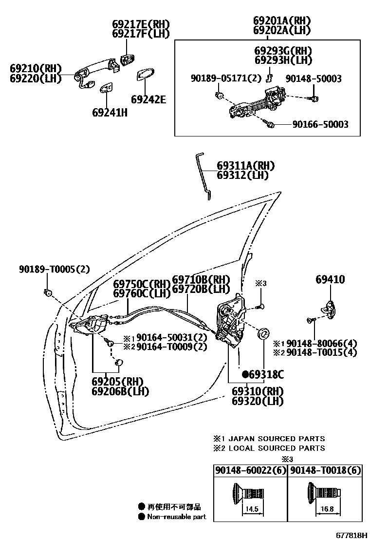 Toyota YARIS 前门锁和车门把手 EPC diagram — 677818H