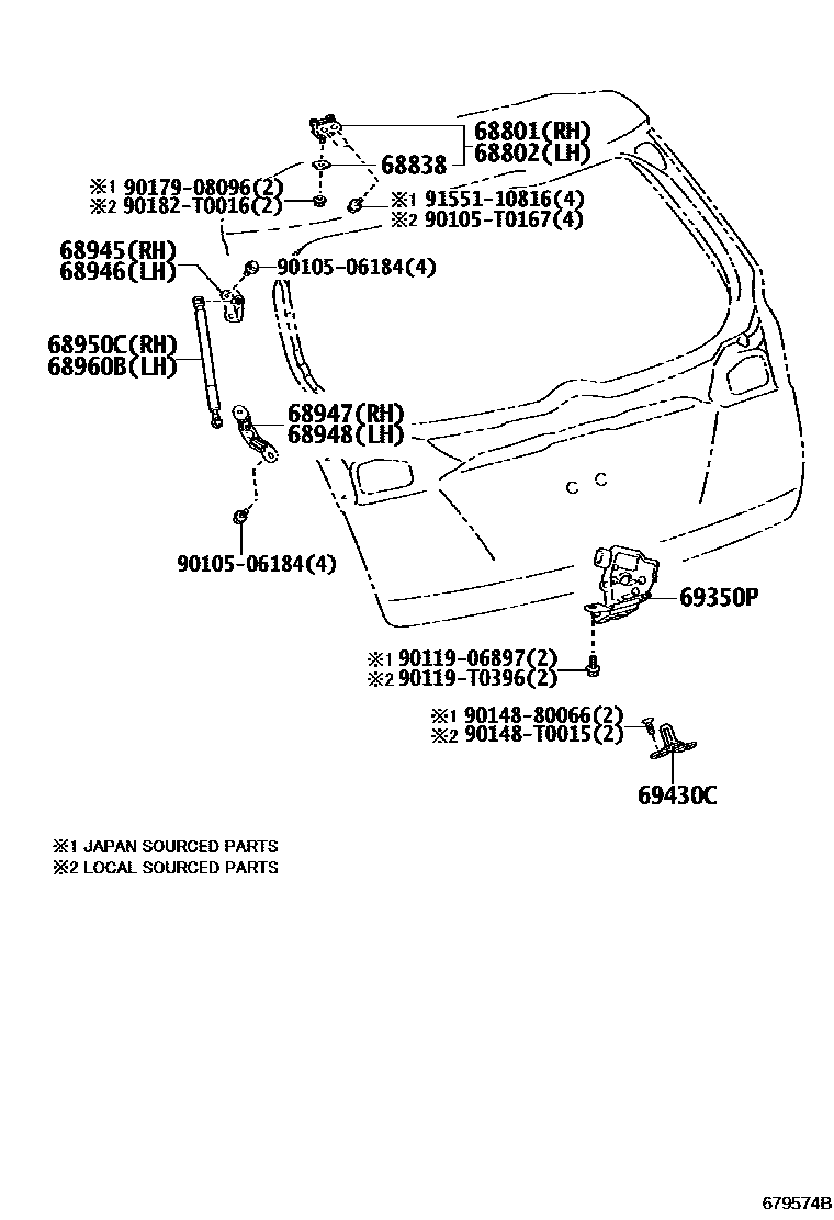 Toyota YARIS 背门锁和背门把手 EPC diagram — 679574B