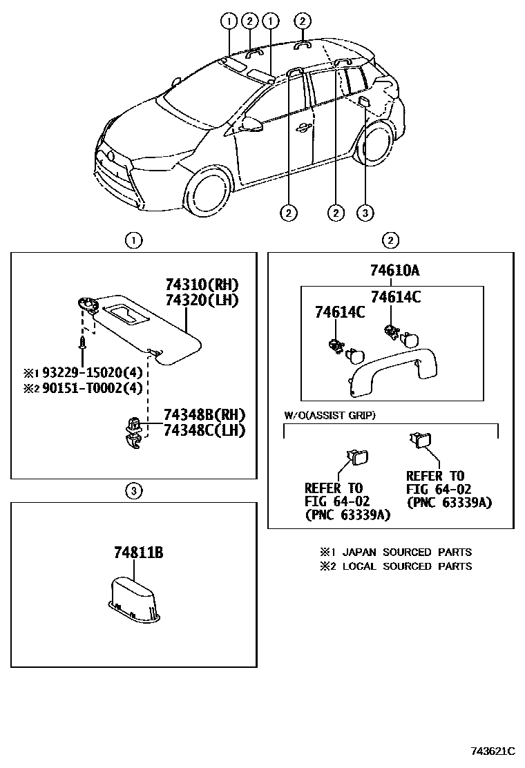 Toyota YARIS 扶手和遮阳板 EPC diagram — 743621C