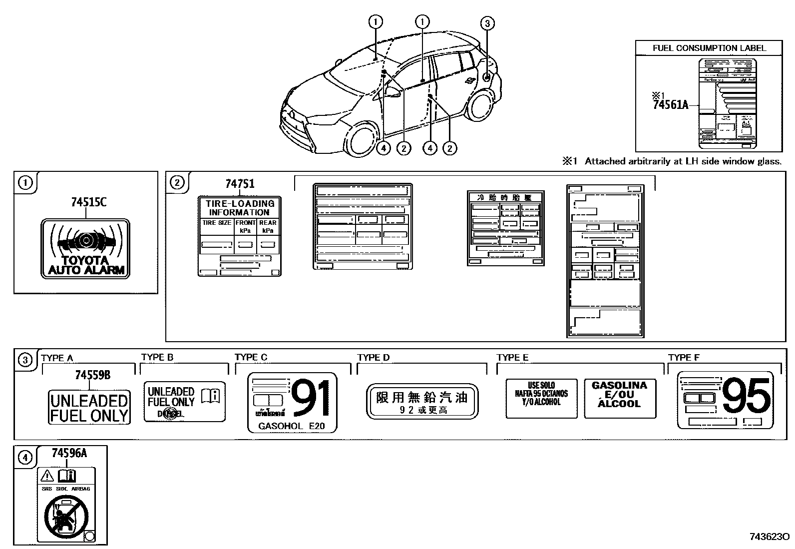 Toyota YARIS 警示铭牌(车外和车内) EPC diagram — 743623O