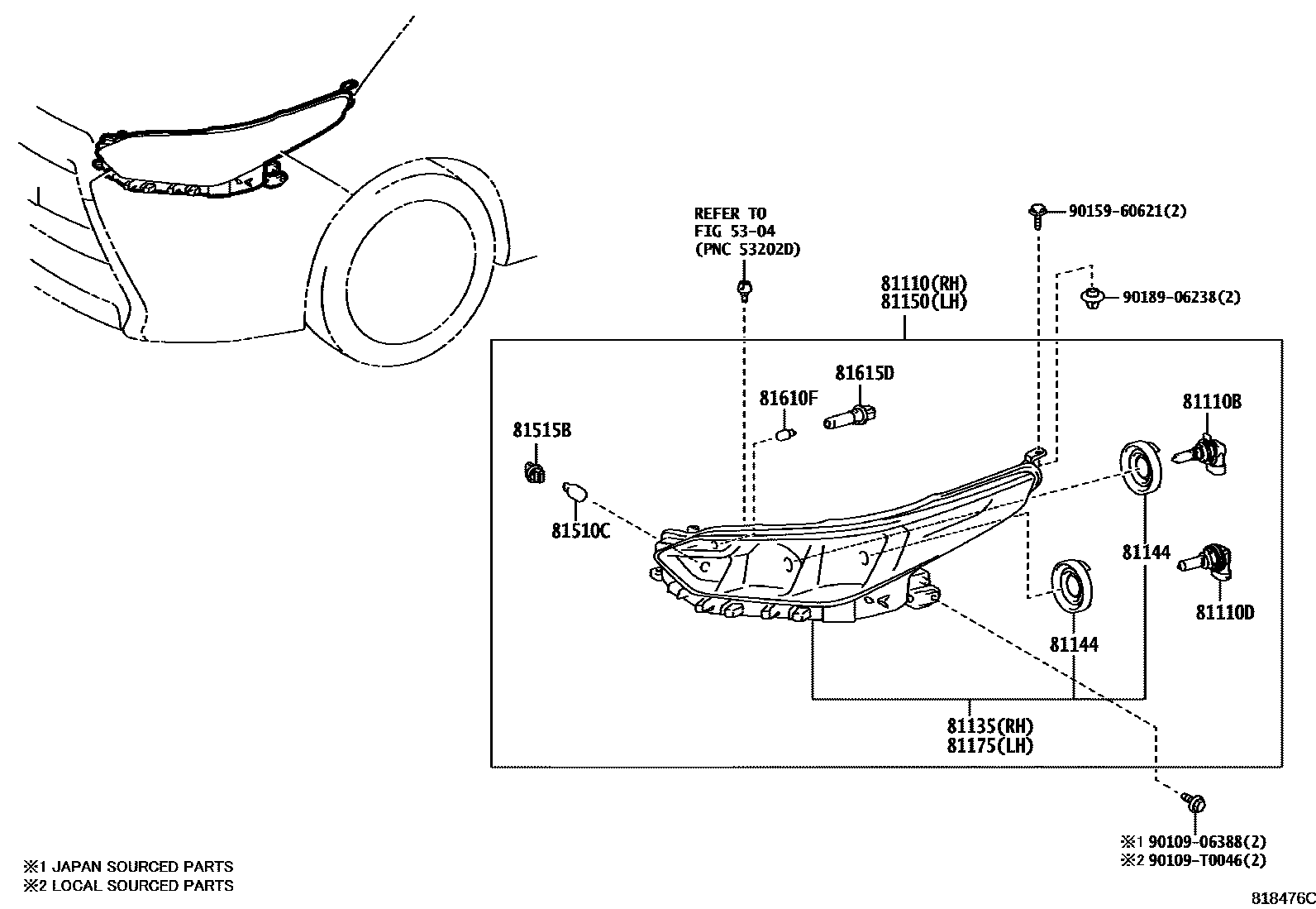 Toyota YARIS Headlamp EPC diagram — 818476C