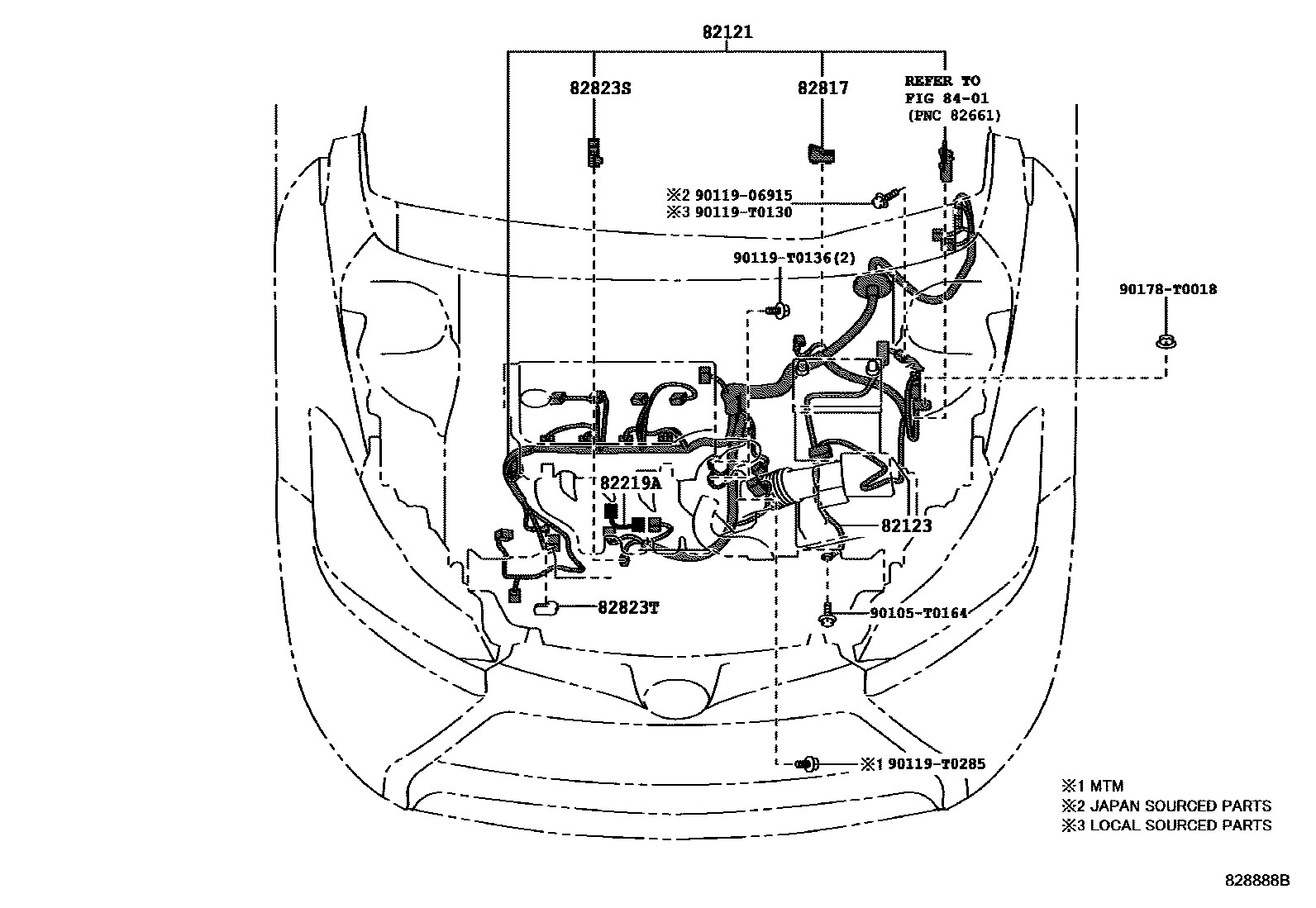 Toyota YARIS 线束和卡夹 EPC diagram — 828888B