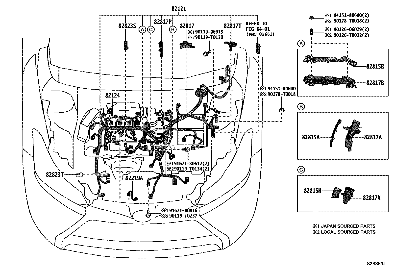 Toyota YARIS 线束和卡夹 EPC diagram — 828889J