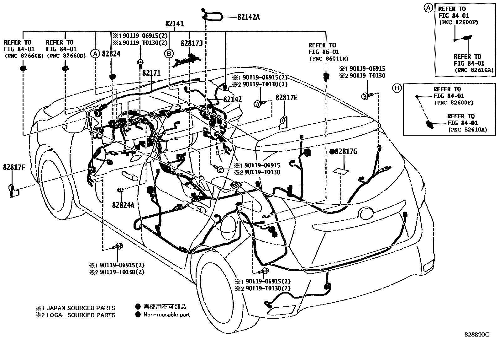 Toyota YARIS 线束和卡夹 EPC diagram — 828890C