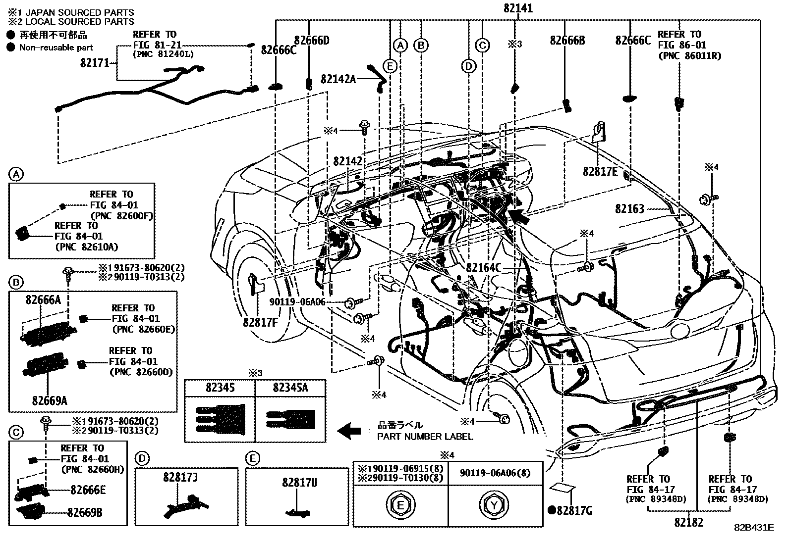 Toyota YARIS 线束和卡夹 EPC diagram — 82B431E