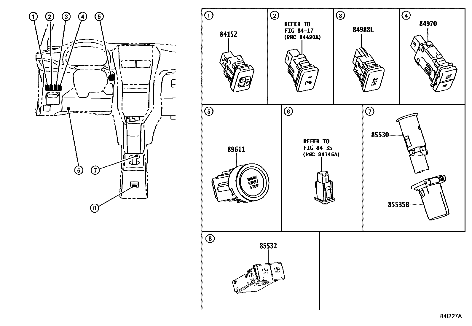 Toyota YARIS 开关和继电器和ECU EPC diagram — 84I227A