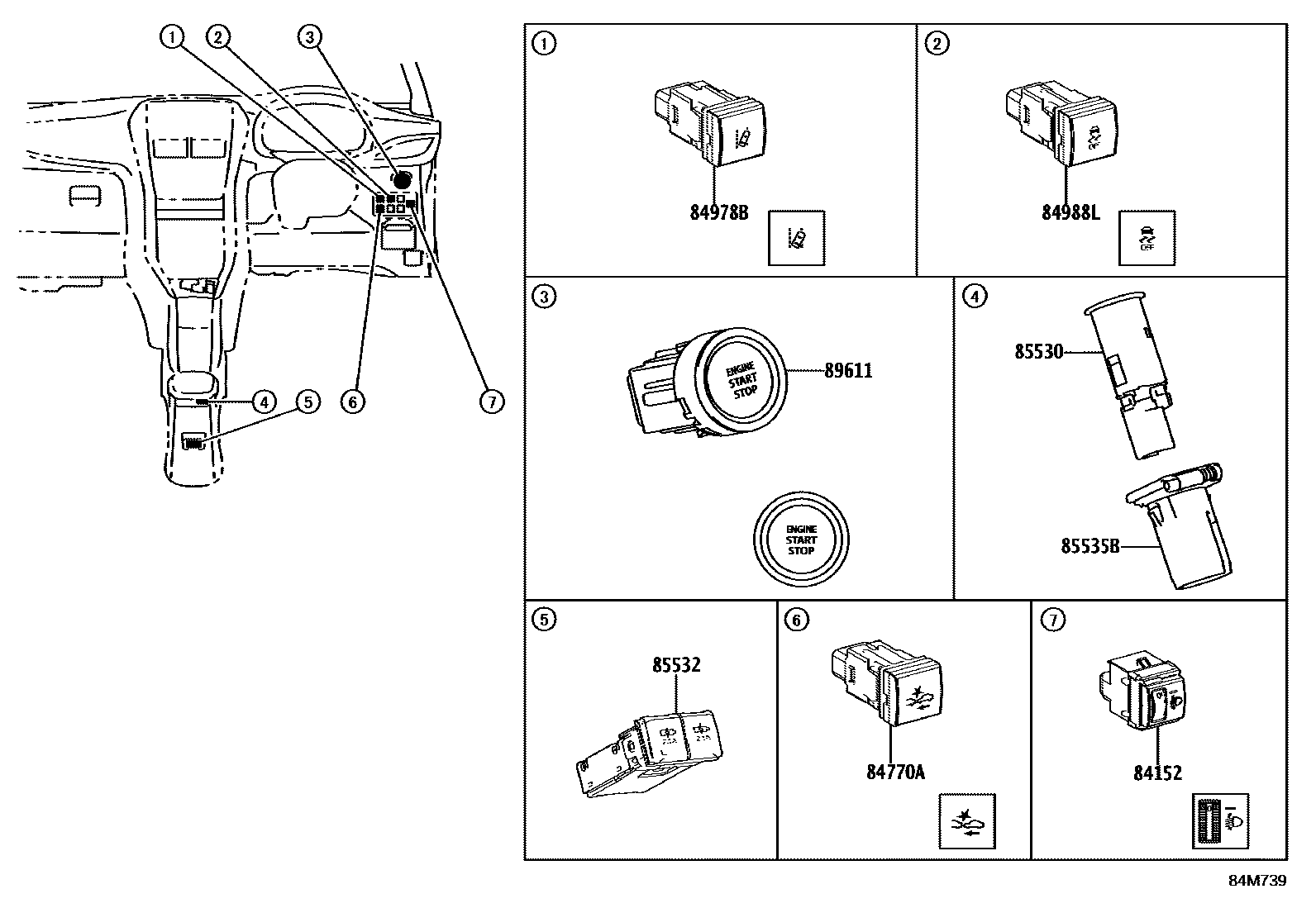 Toyota YARIS 开关和继电器和ECU EPC diagram — 84M733